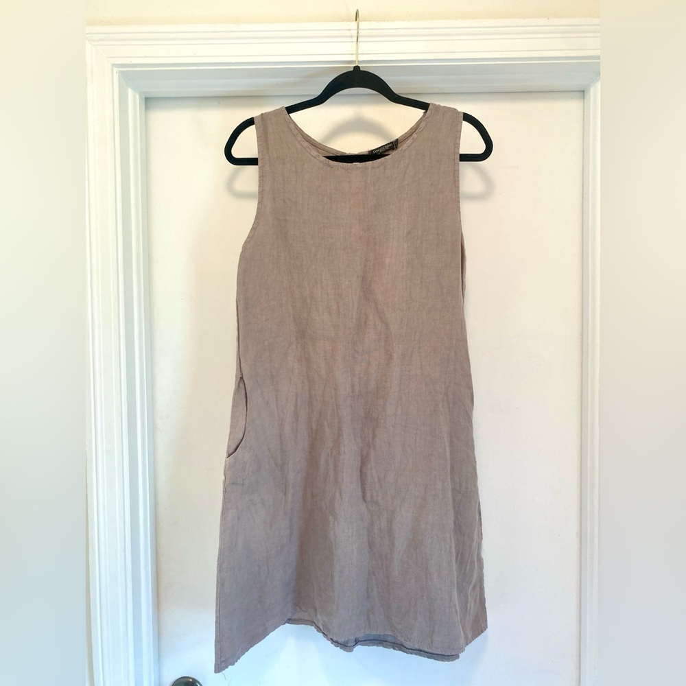 Lungo Larno 100% Linen dress women’s size small grey Pockets scoop Neck office - Picture 2 of 8